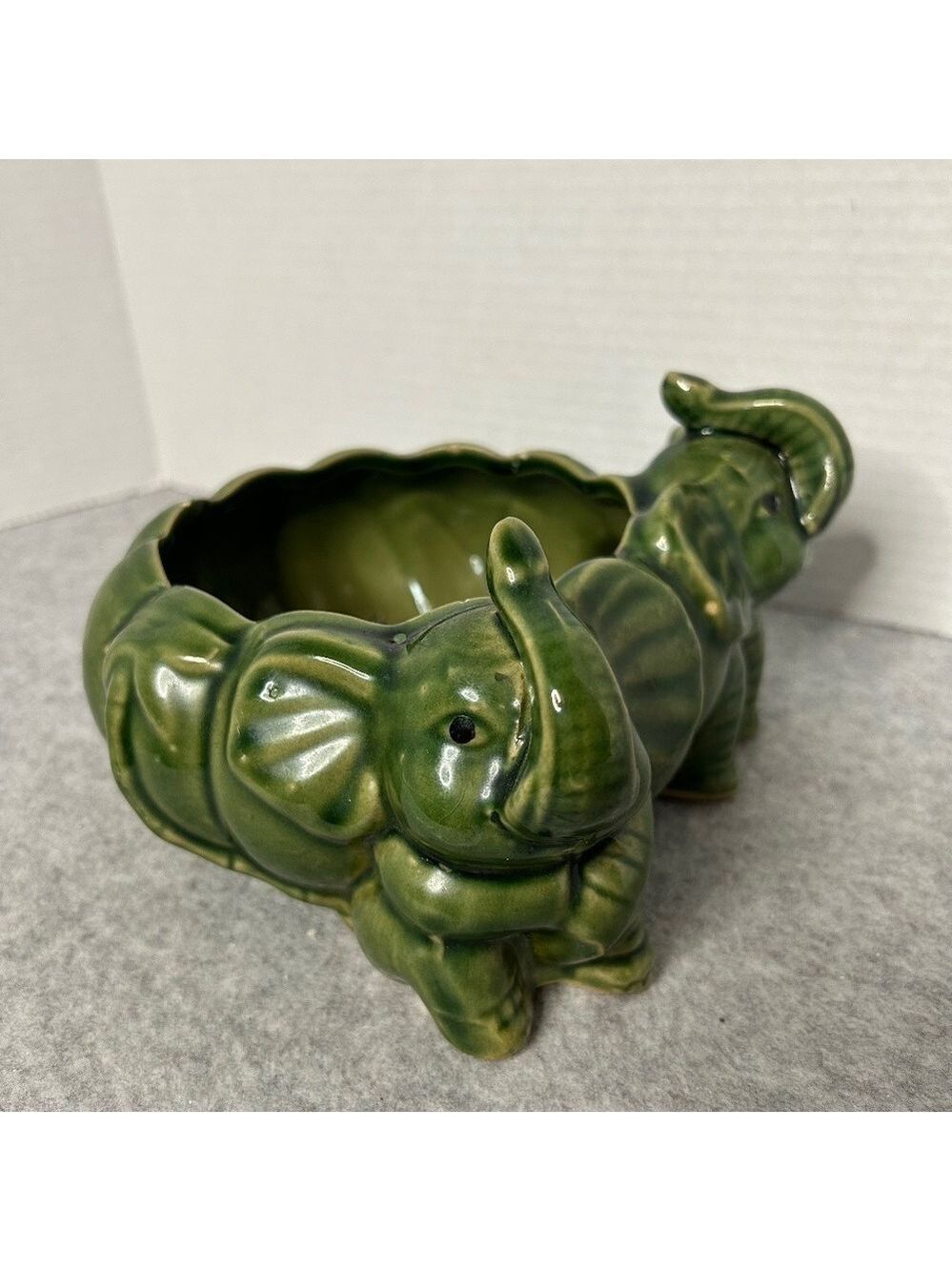 VTG Marjolica Green Elephant Planter 7x3.5” Sml Chip To Edge See Pictures